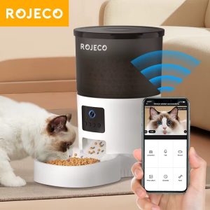 ROJECO Automatic Cat Feeder with Camera – Smart WiFi Pet Food Dispenser, Video & Voice, App Control for Cats & Dogs