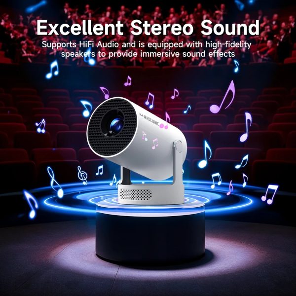 Magcubic HY300Pro+ projector showing HiFi stereo sound feature in a theater setting